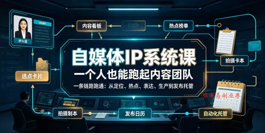 自媒体IP系统课，一个人也能跑起内容团队，一条链路跑通，从定位、热点、表达、生产到发布托管-难事易副业库
