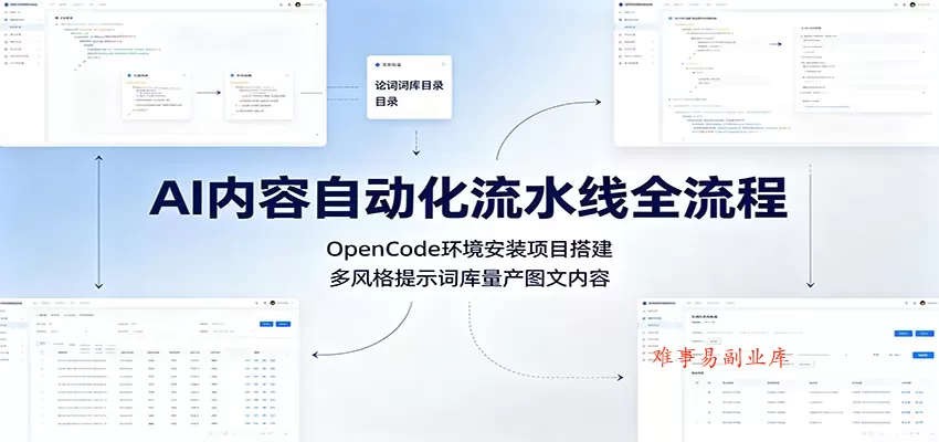 AI内容自动化流水线全流程:OpenCode环境安装项目搭建,多风格提示词库量产图文内容 AI内容自动化流水线全流程:OpenCode环境安装项目搭建,多风格提示词库量产图文内容