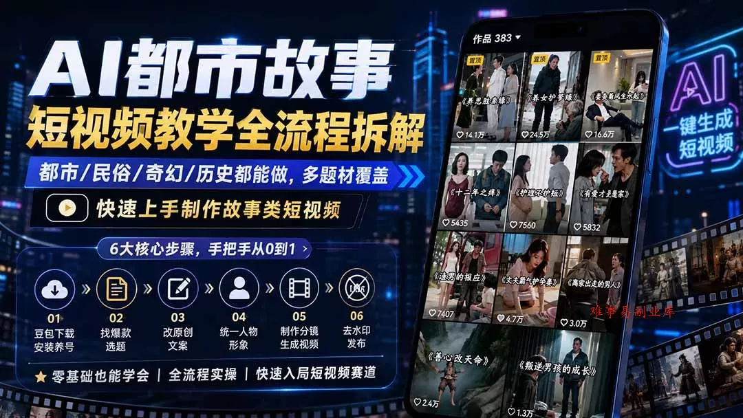 AI都市故事短视频教学全流程拆解；都市/民俗/奇幻/历史都能做多题材覆盖，快速上手制作故事类短视频-难事易副业库