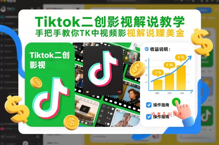 Tiktok二创影视解说教学，手把手教你TK中视频影视解说賺美金（更新26年1月）-难事易副业库