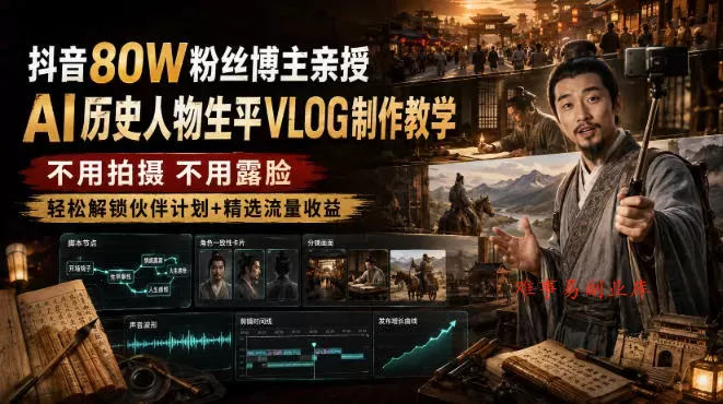 抖音80W粉丝博主的AI历史人物生平VLOG教学，不用拍摄不用露脸，AI帮你搞定，轻松解锁伙伴计划+精选收益-难事易副业库
