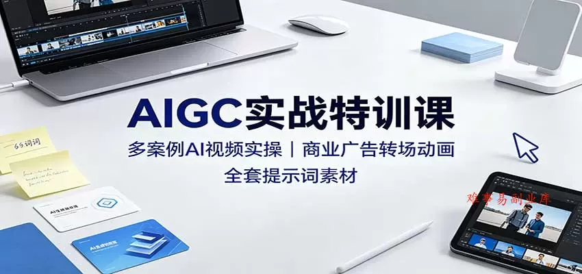 AIGC实战特训课：多案例AI视频实操，商业广告转场动画，全套提示词素材-难事易副业库