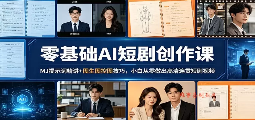 零基础AI短剧创作课：MJ提示词精讲+图生图控图技巧，小白从零做出高清连贯短剧视频-难事易副业库