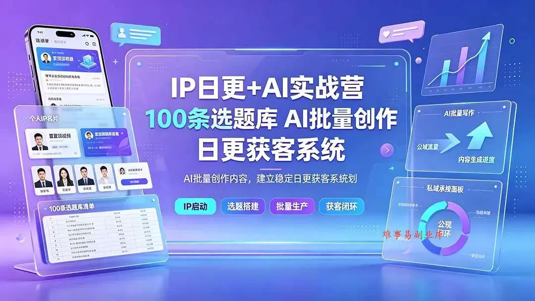 （19353期）IP日更+AI实战营：IP置顶视频制作×100条选题库搭建×10条日更规划，AI批量创作内容，建立稳定日更获客系统-难事易副业库