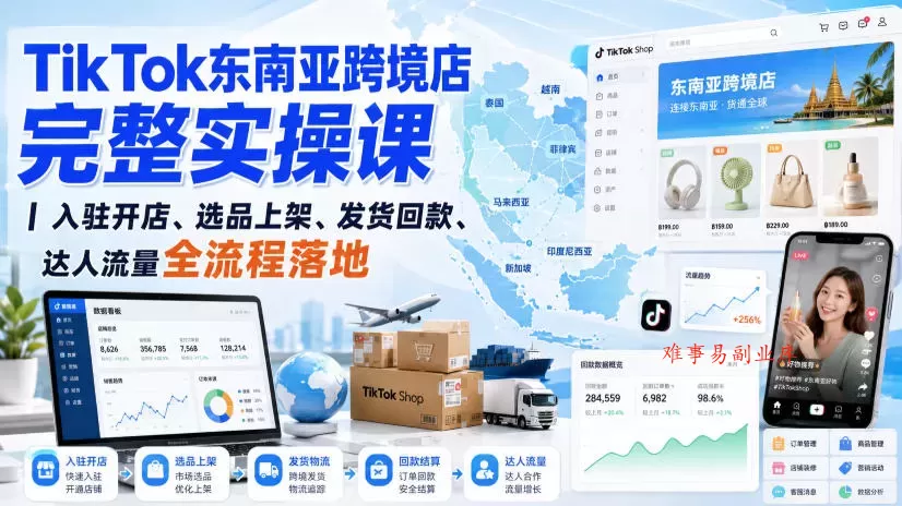TikTok东南亚跨境店完整实操课｜入驻开店、选品上架、发货回款、达人流量全流程落地-难事易副业库