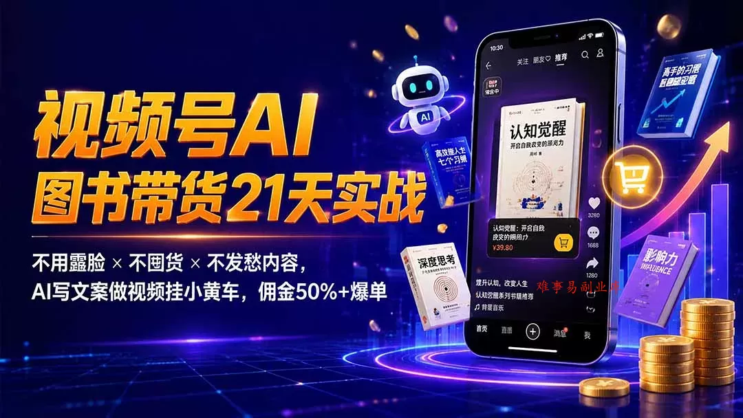 繁花视频号AI图书带货21天实战：不用露脸×不囤货×不发愁内容，AI写文案做视频挂小黄车，佣金50%+爆单-难事易副业库