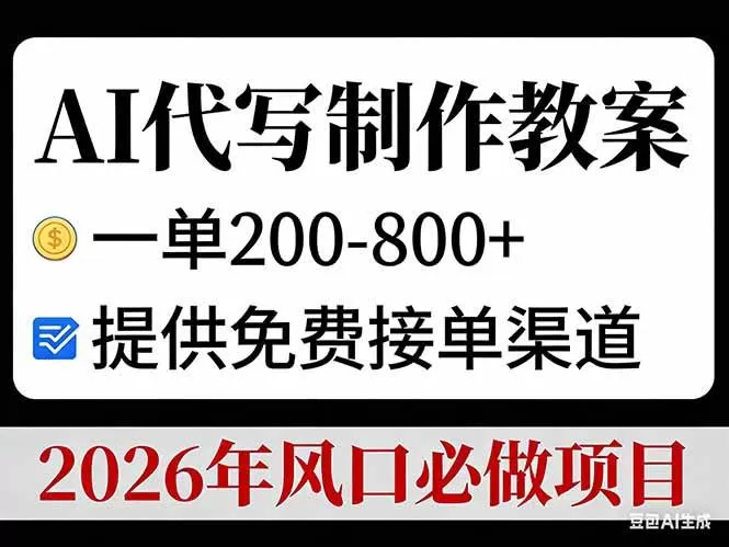 (17096期)AI代写制作教案,一单200-800+,提供免费接单渠道,2026年风口必做项目-难事易副业库