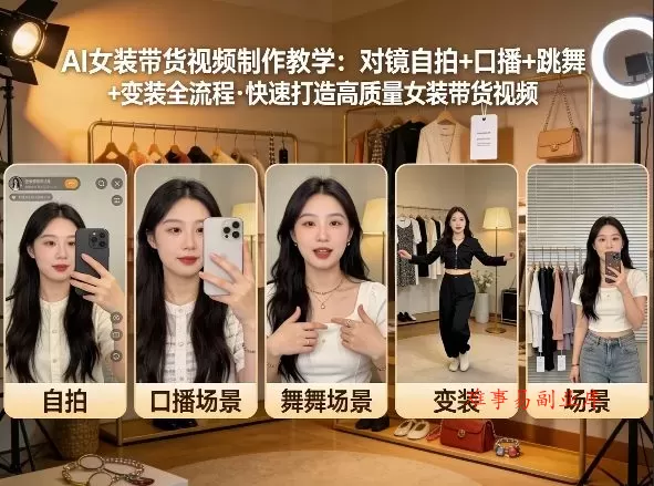 AI女装带货视频制作教学，对镜自拍、口播、跳舞、变装全流程，快速打造高质量女装带货视频-难事易副业库