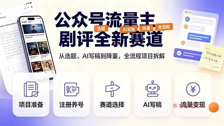 （19348期）公众号流量主剧评全新赛道，从选题、AI写稿到降重，全流程项目拆解-难事易副业库