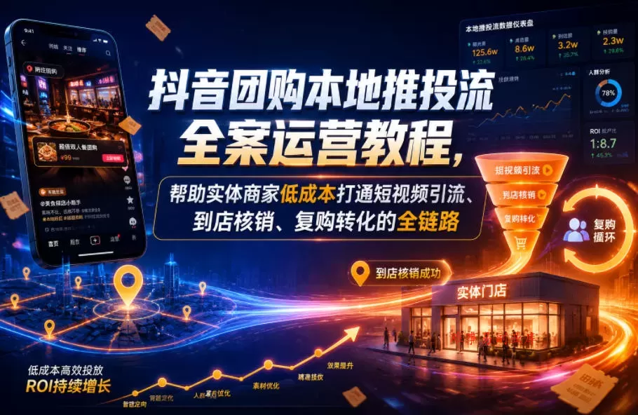 抖音团购本地推投流全案运营教程，帮助实体商家低成本打通短视频引流、到店核销、复购转化的全链路-难事易副业库