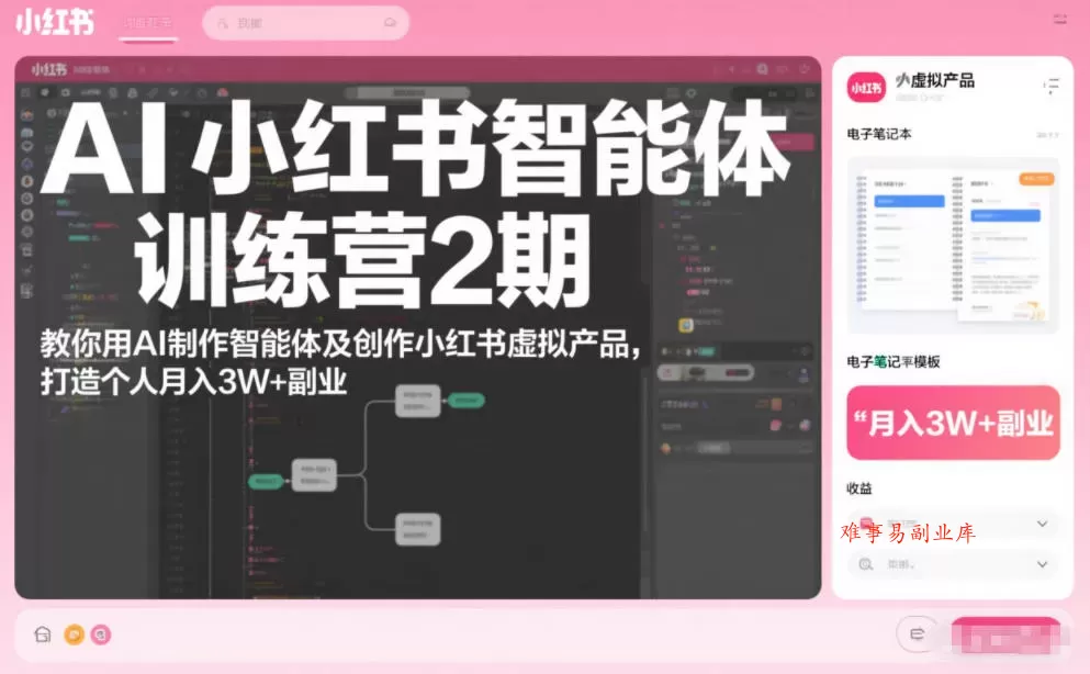 AI小红书智能体训练营2期，教你用AI制作智能体及创作小红书虚拟产品，打造个人月入3W+副业(完结)-难事易副业库