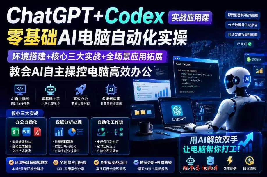ChatGPT+Codex实战应用课｜零基础AI电脑自动化实操，环境搭建+核心三大实战+全场景应用拓展，教会AI自主操控电脑高效办公-难事易副业库