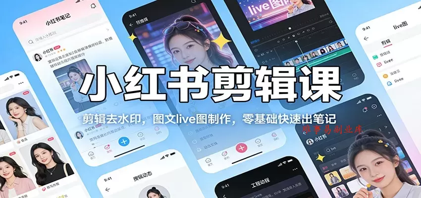 小红书剪辑课：剪辑去水印，图文live图制作，零基础快速出笔记-难事易副业库
