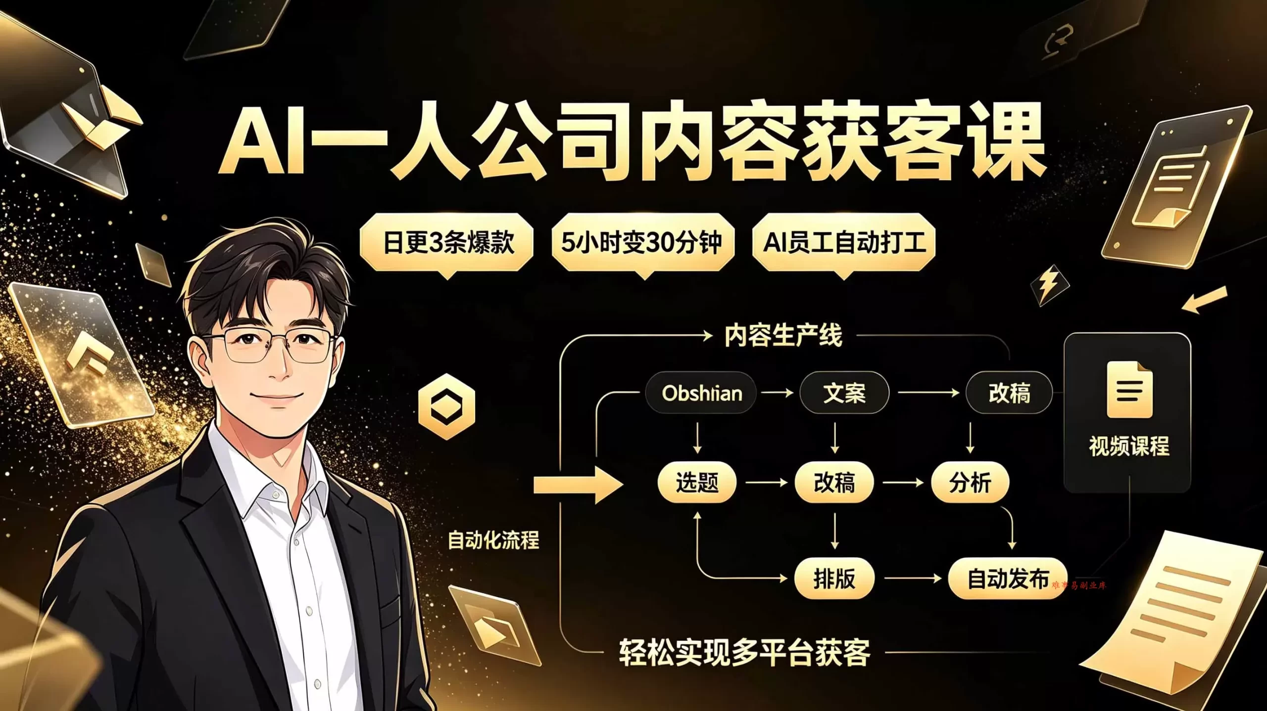 AI一人公司内容获客课：日更3条爆款×5小时变30分钟×AI员工自动打工，轻松实现多平台获客-难事易副业库