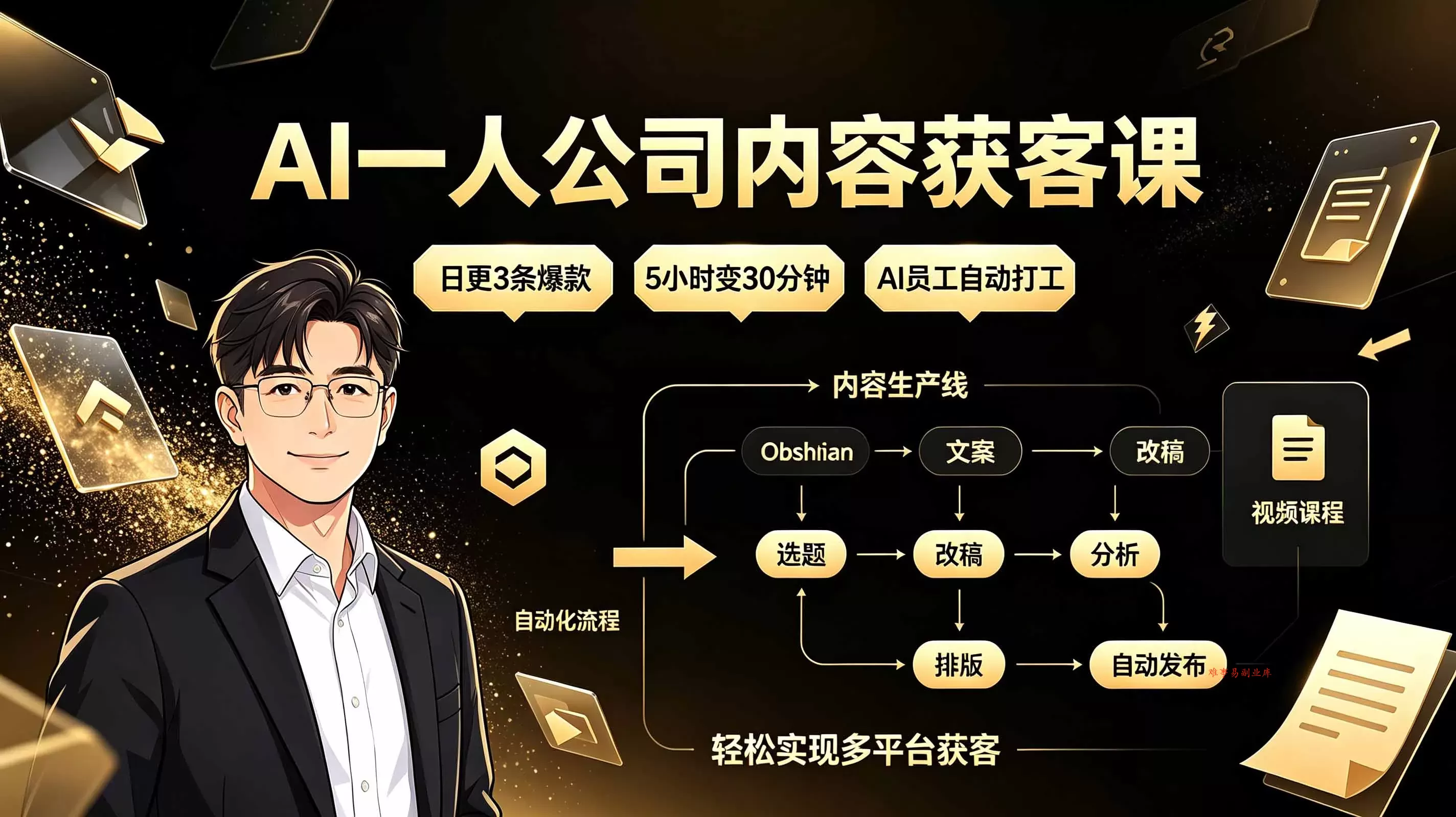 AI一人公司内容获客课：日更3条爆款×5小时变30分钟×AI员工自动打工，轻松实现多平台获客
