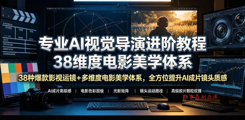 专业AI视觉导演进阶教程，38种爆款影视运镜+多维度电影美学体系，全方位提升AI成片高级感与镜头质感-难事易副业库