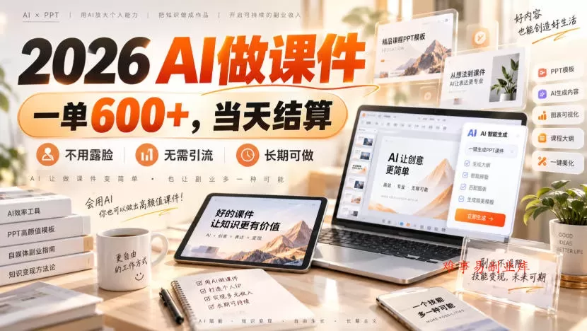 2026 AI做课件，一单600+，当天结算，不用露脸，无需引流，长期可做【揭秘】-难事易副业库