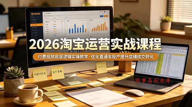 2026 淘宝运营实战课程，付费投放底层逻辑实操教学，优化直通车投产提升店铺成交转化-难事易副业库