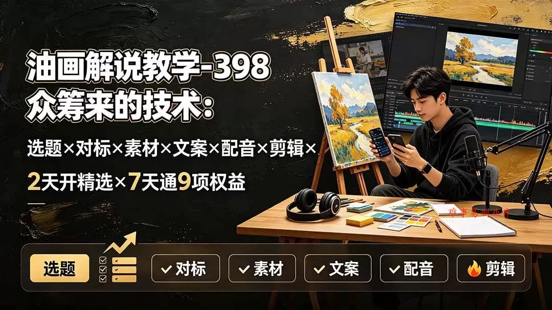 （19587期）油画解说教学-398众筹来的技术-刯新：选题×对标×素材×文案×配音×剪辑×2天开精选×7天通9项权益-难事易副业库
