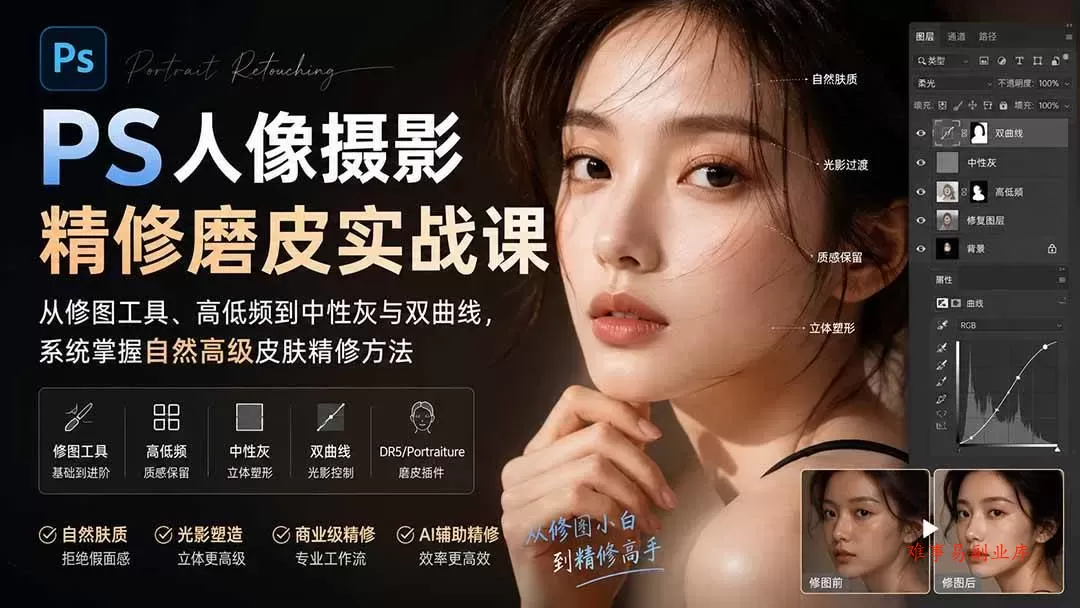 (20061期)PS人像摄影精修磨皮实战课:从修图工具、高低频到中性灰与双曲线,系统掌握自然高级皮肤精修方法 (20061期)PS人像摄影精修磨皮实战课:从修图工具、高低频到中性灰与双曲线,系统掌握自然高级皮肤精修方法