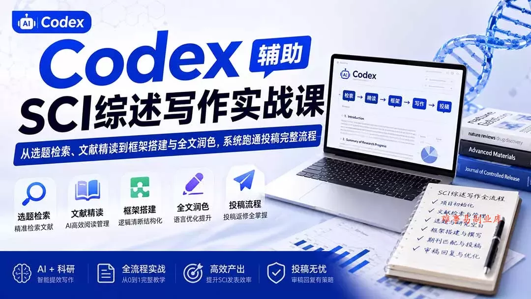 Codex辅助SCI综述写作实战课——从选题检索、文献精读到框架搭建与全文润色，系统跑通投稿完整流程-难事易副业库