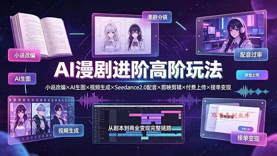 （19430期）AI漫剧进阶高阶玩法：小说改编×AI生图×视频生成×Seedance2.0配音×剪映剪辑×付费上传×接单变现-难事易副业库