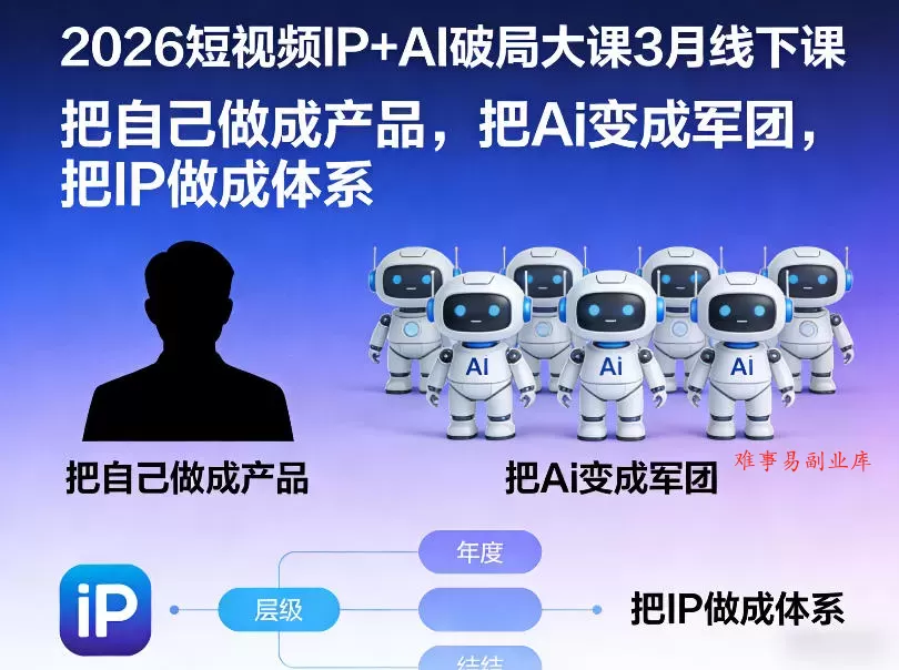 2026短视频IP+AI破局大课3月线下课，把自己做成产品，把Ai变成军团，把IP做成体系-难事易副业库