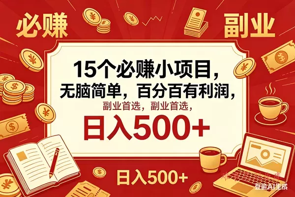 （18390期）15个必赚钱的小项目，百分百赚米，无脑简单，副业首选，日入600+-难事易副业库