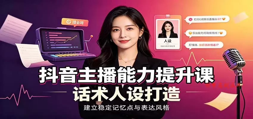 抖音主播能力提升课：账号底层逻辑，直播间搭建调试，话术人设打造全套教学-难事易副业库