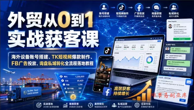 外贸从0到1实战获客课｜海外设备账号搭建、TK短视频爆款制作、FB广告投放、询盘私域转化全流程落地教程-难事易副业库
