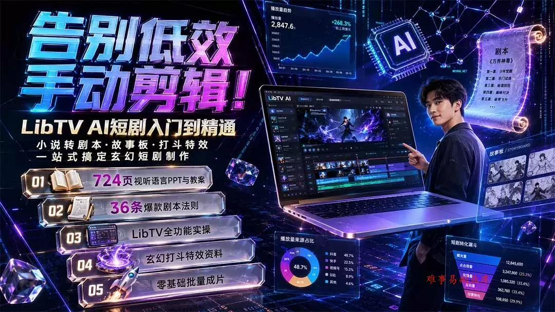 告别低效手动剪辑！LibTV AI短剧入门到精通，小说转剧本方法，故事板打斗特效一站式搞定玄幻短剧制作-难事易副业库