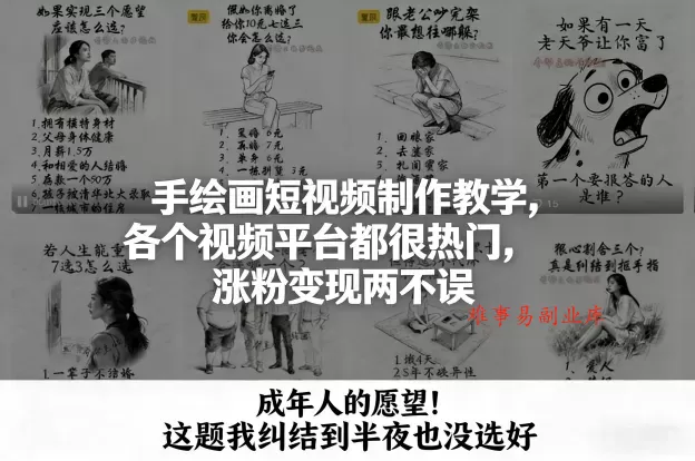 手绘画短视频制作教学，各个视频平台都很热门，涨粉变现两不误-难事易副业库