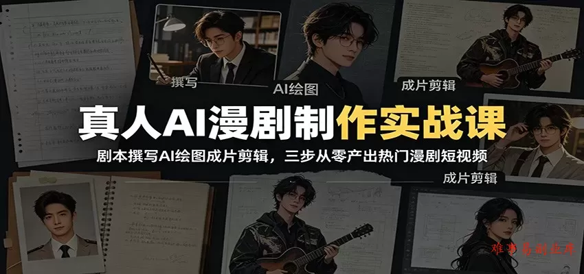 真人AI漫剧制作实战课：剧本撰写AI绘图成片剪辑，三步从零产出热门漫剧短视频-难事易副业库