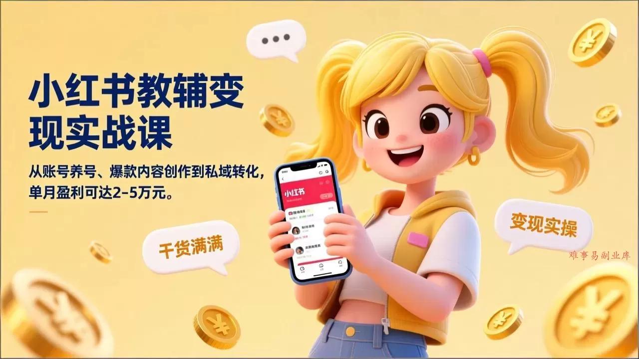 小红书教辅变现实战课,从账号养号、爆款内容创作到私域转化,单月盈利可达2-5万元-难事易副业库