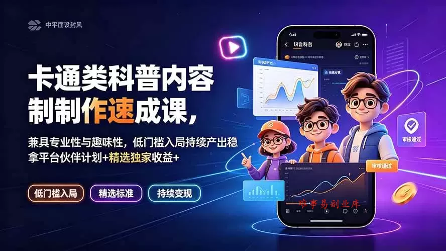 （19234期）卡通类科普内容制作速成课，兼具专业性与趣味性，低门槛入局持续产出稳拿平台伙伴计划+精选独家收益-难事易副业库
