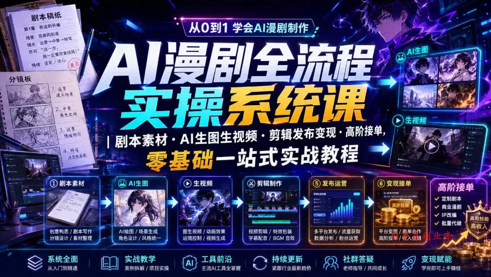 AI漫剧全流程实操系统课｜剧本素材・AI生图生视频・剪辑发布变现・高阶接单，零基础一站式实战教程-难事易副业库