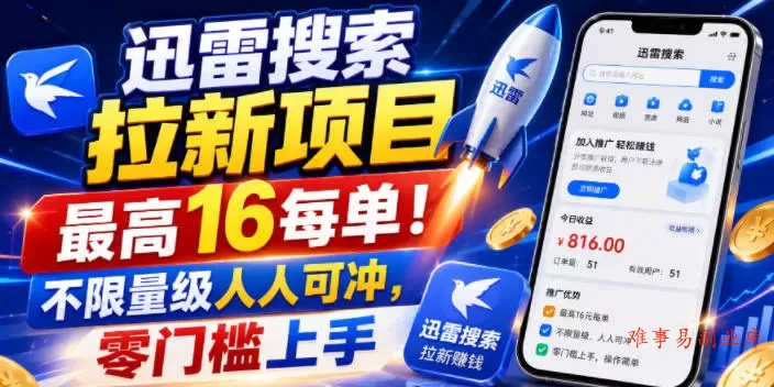 迅雷搜索拉新项目，最高16每单！不限量级人人可冲，零门槛上手-难事易副业库