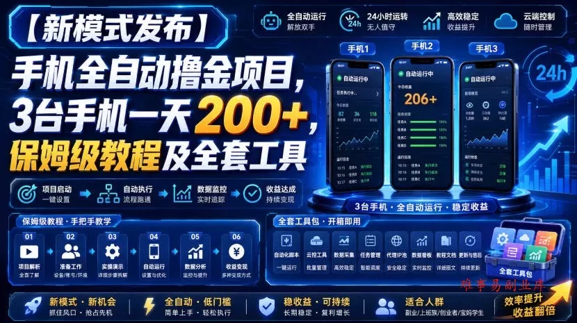 【新模式发布】手机全自动撸金项目，3台手机一天200+，保姆级教程及全套工具【揭秘】-难事易副业库