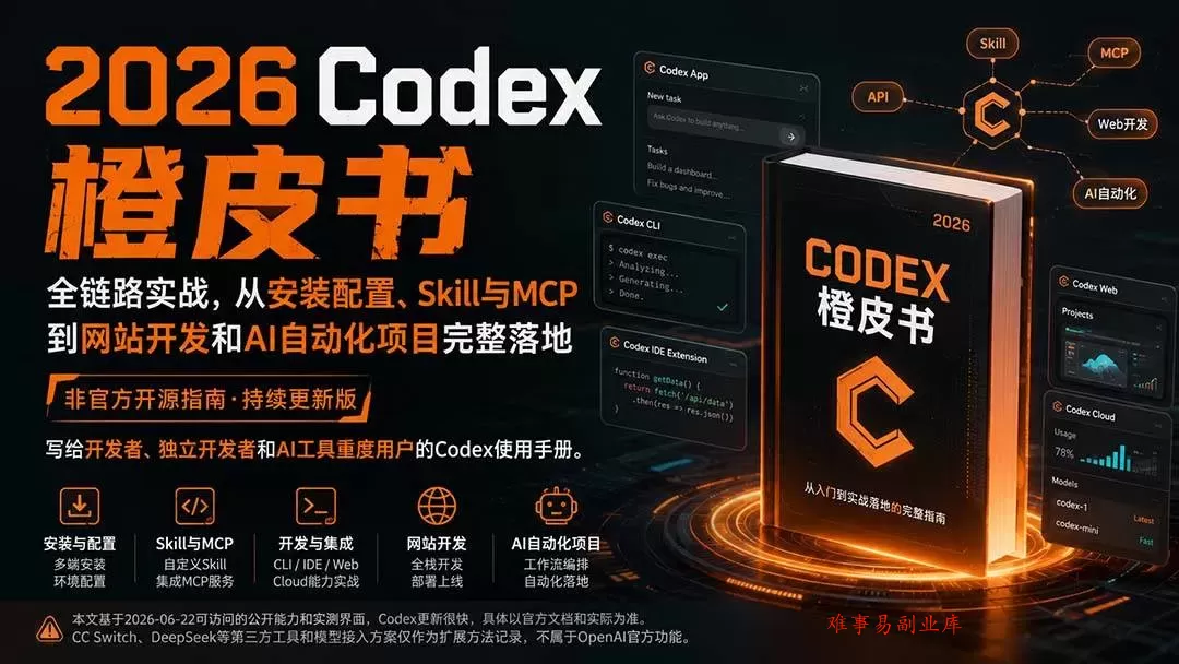 （20105期）2026Codex橙皮书：全链路实战，从安装配置、Skill与MCP到网站开发和AI自动化项目完整落地-难事易副业库