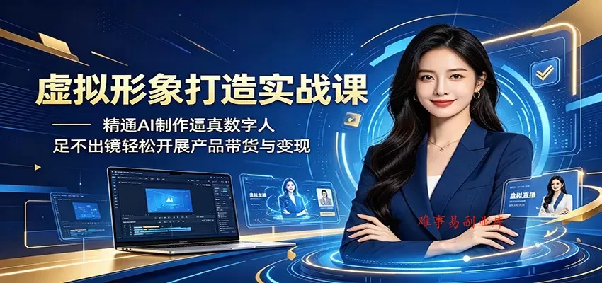 虚拟形象打造实战课：精通AI制作逼真数字人，足不出镜轻松开展产品带货与变现-难事易副业库