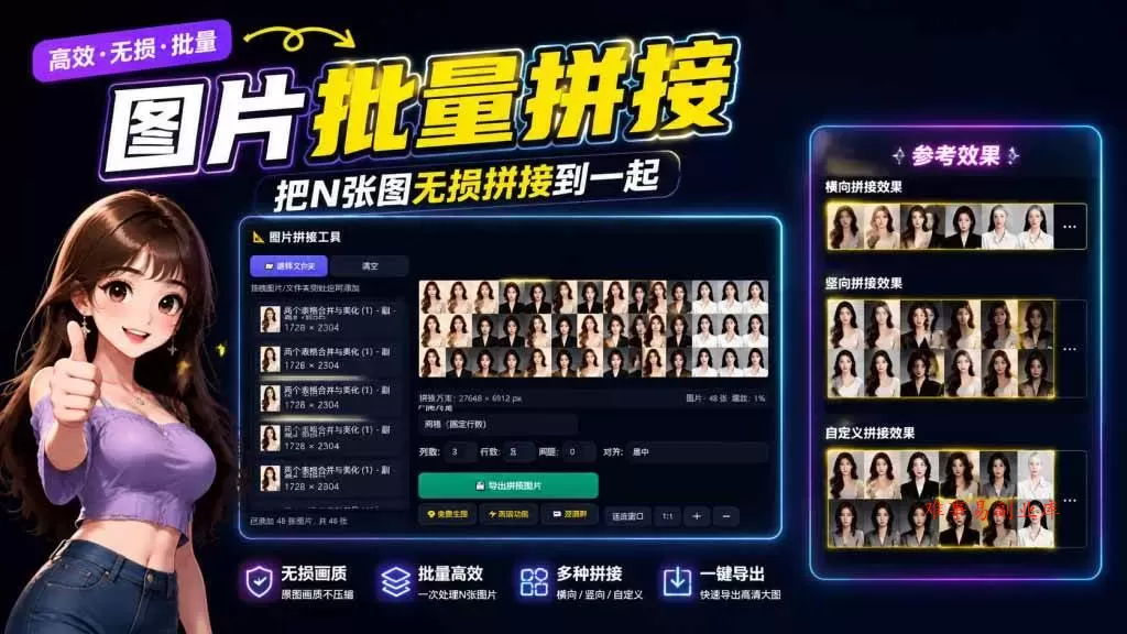 （20005期）图片批量拼接，把N张图无损拼接到一起，支持横向、竖向、自定义等功能-难事易副业库