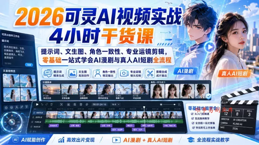 2026可灵AI视频实战4小时干货课｜提示词、文生图、角色一致性、专业运镜剪辑，零基础一站式学会AI漫剧与真人AI短剧全流程-难事易副业库