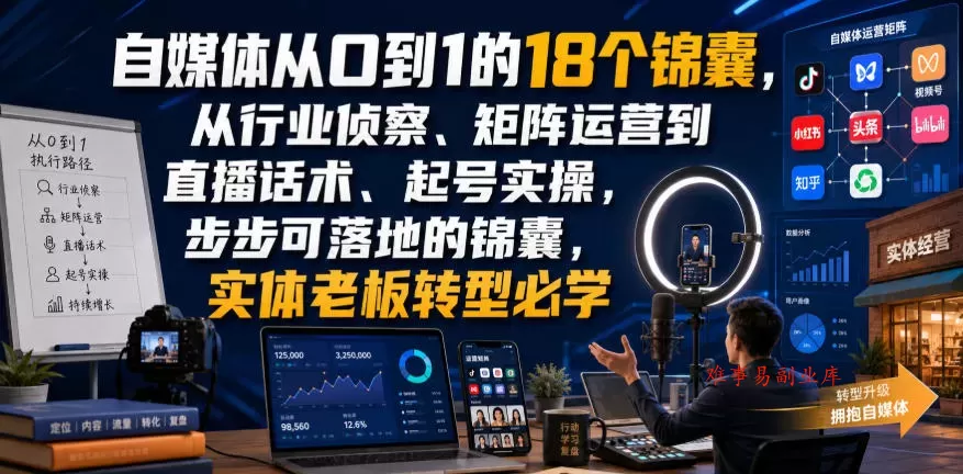 自媒体从0到1的18个锦囊，从行业侦察、矩阵运营到直播话术、起号实操，步步可落地的锦囊，实体老板转型必学-难事易副业库