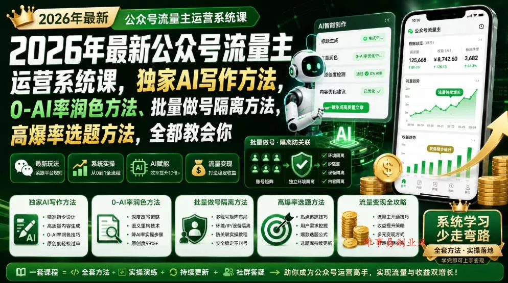 2026年最新公众号流量主运营系统课，独家AI写作方法，0-AI率润色方法、批量做号隔离方法、高爆率选题方法，全都教会你-难事易副业库