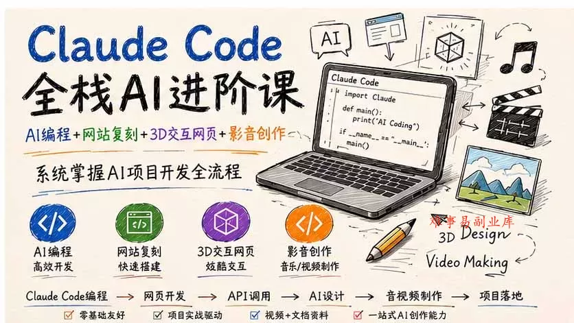 Claude Code全栈AI进阶课-更新；AI编程+网站复刻+3D交互网页+影音创作，系统掌握AI项目开发全流程