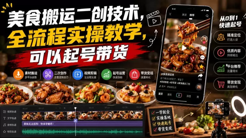 美食搬运二创技术，全流程实操教学，可以起号带货-难事易副业库