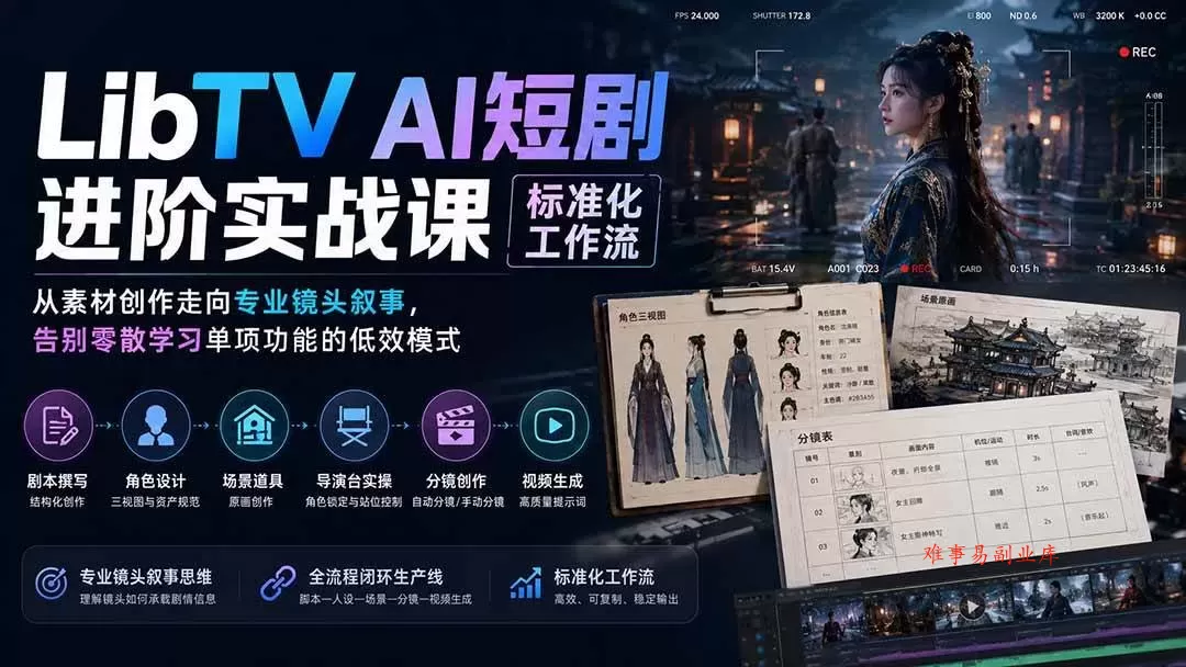 （19836期）LibTV AI短剧进阶实操课标准化工作流；从素材创作走向专业镜头叙事，告别零散学习单项功能的低效模式-难事易副业库