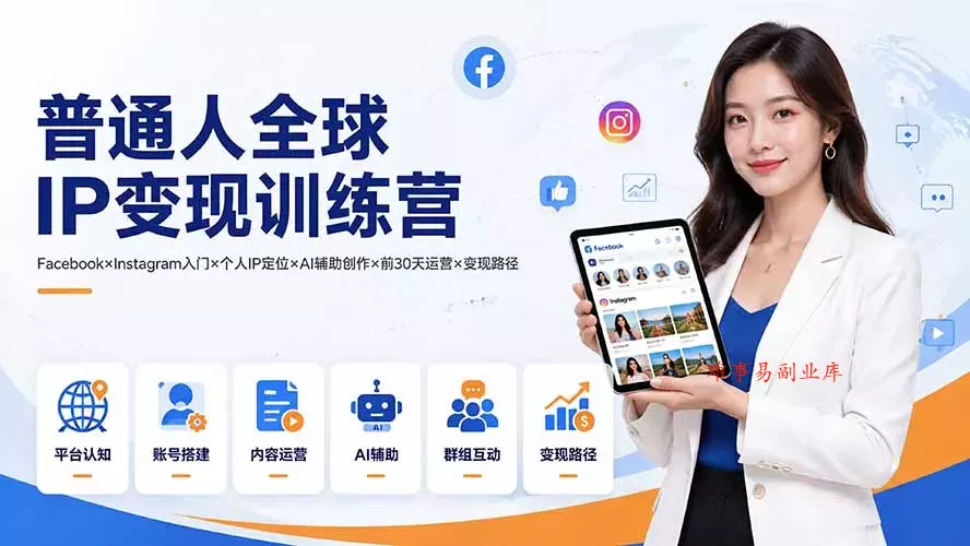 普通人全球IP变现训练营：Facebook×Instagram入门×个人IP定位×AI辅助创作×前30天运营×变现路径-难事易副业库