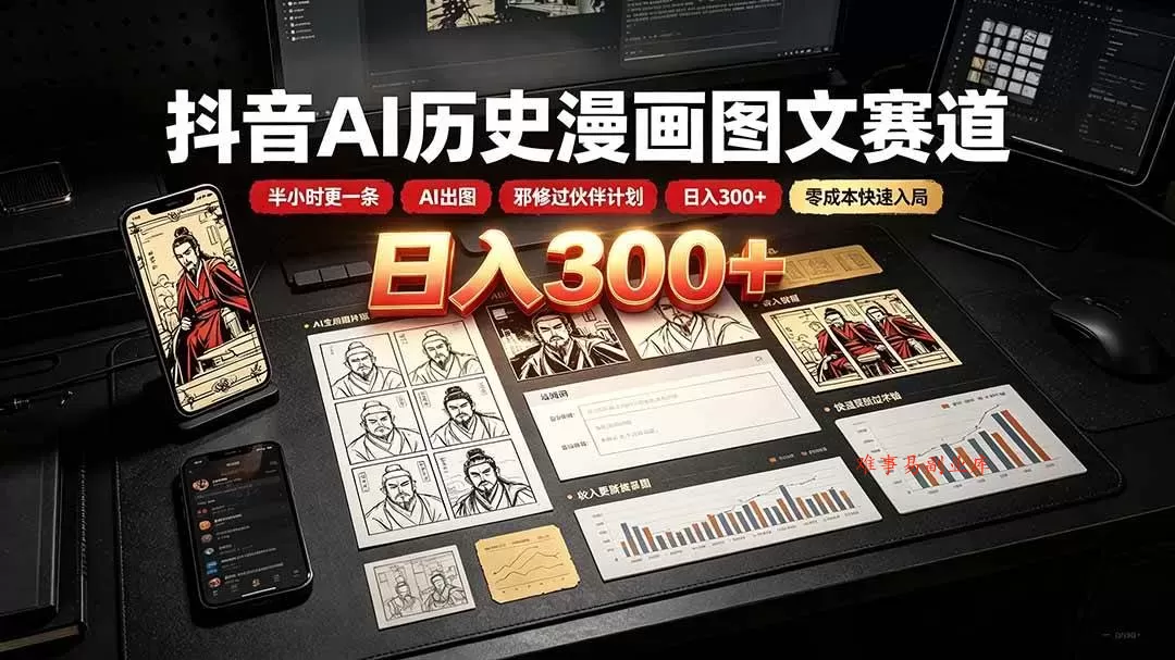 （19498期）抖音AI历史漫画图文赛道：半小时更一条×AI出图×邪修过伙伴计划×日入300+，零成本快速入局-难事易副业库