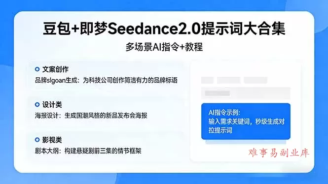 豆包+即梦Seedance2.0提示词大合集：多场景AI指令+教程，解锁文案、设计、影视高效创作-难事易副业库